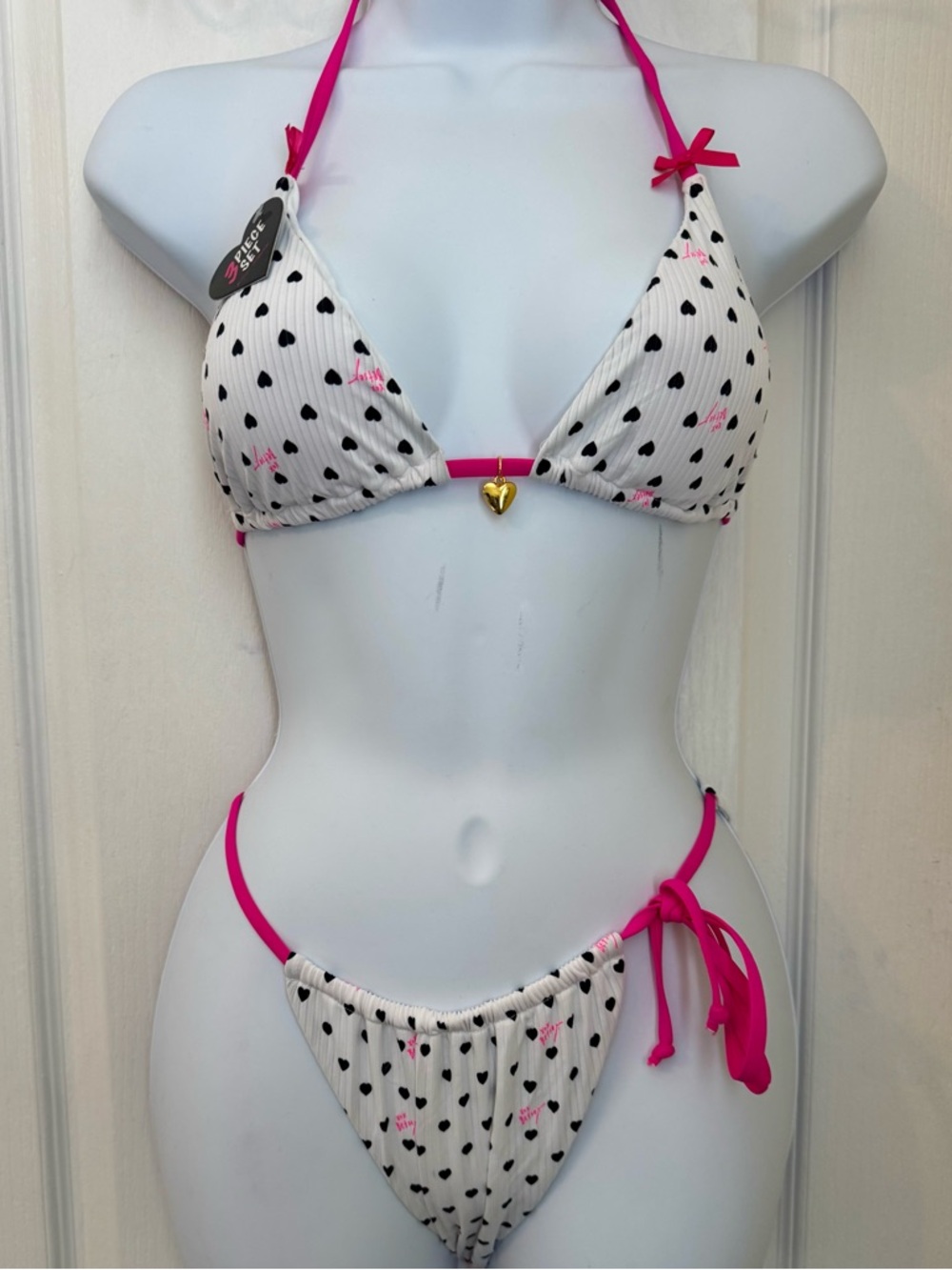 Betsey Johnson 3-piece hearts triangle bikini set. Hot-pink ties + ruched skirt.